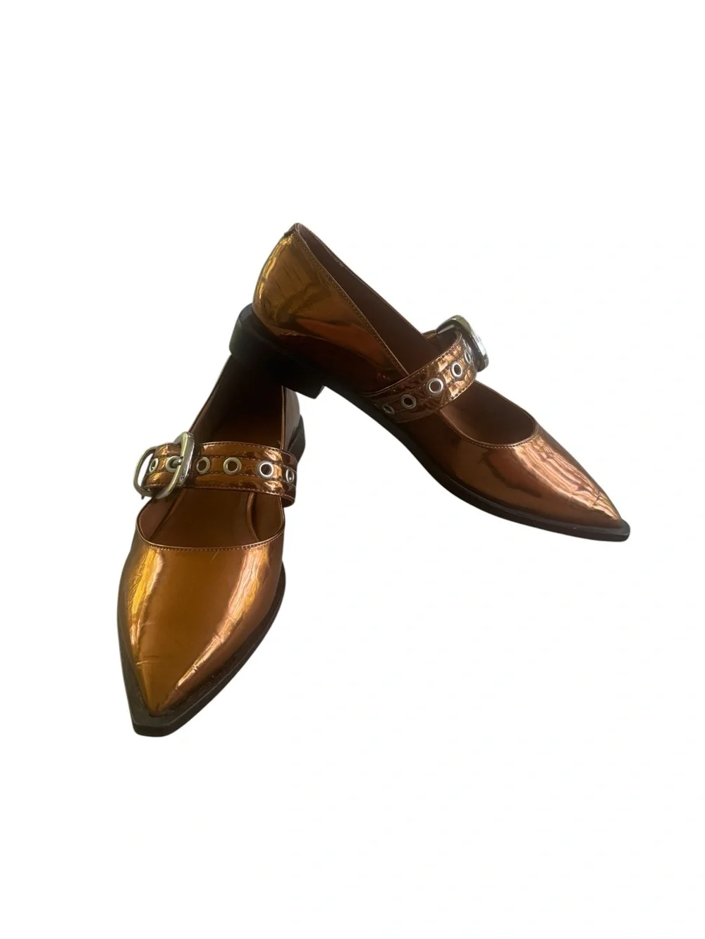 Anthropologie Maeve Pointed Toe Moto Mary Janes Bronze Metallic 38